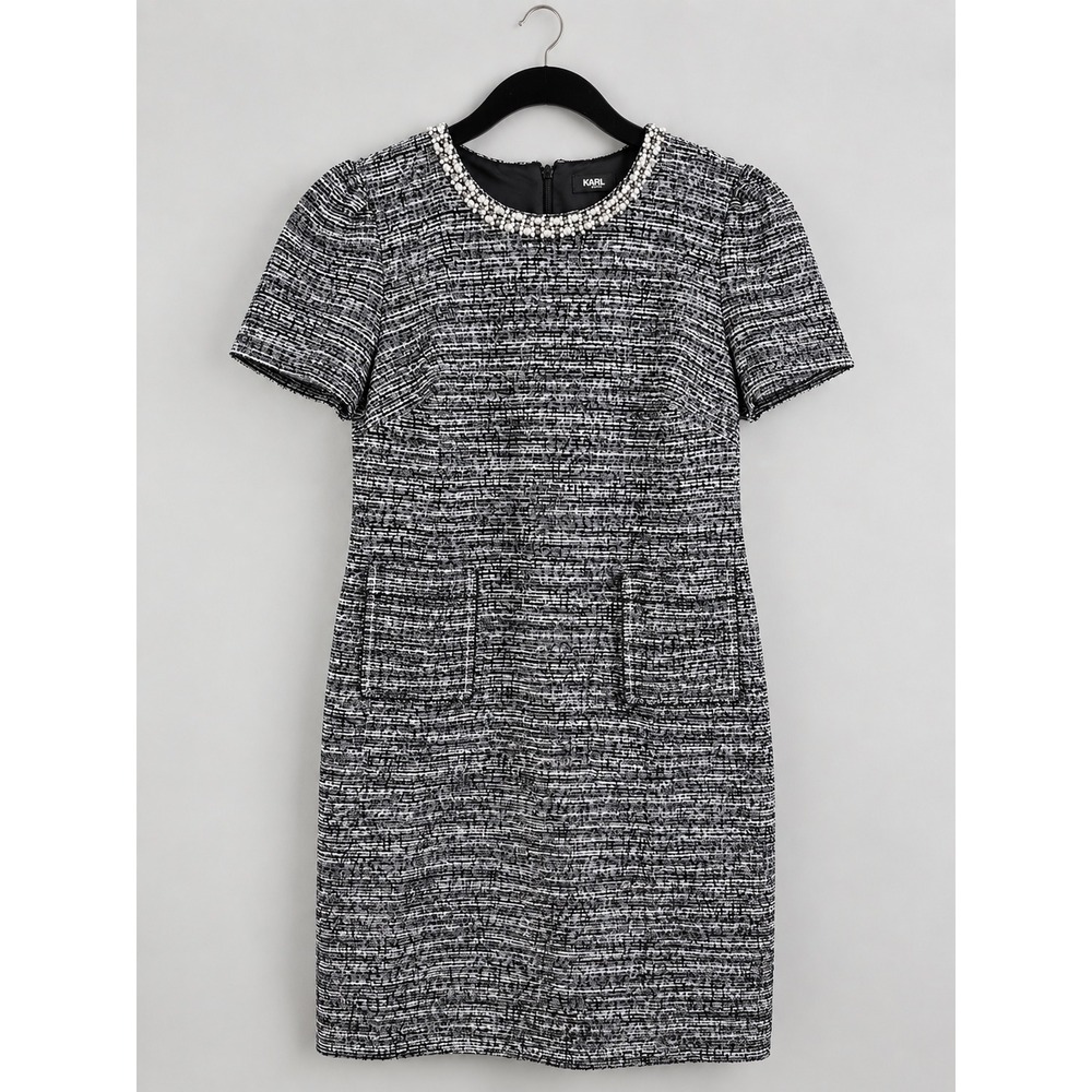 Karl Lagerfeld Paris Black White Tweed Pearl Sheath Dress 10 NWT Workwear